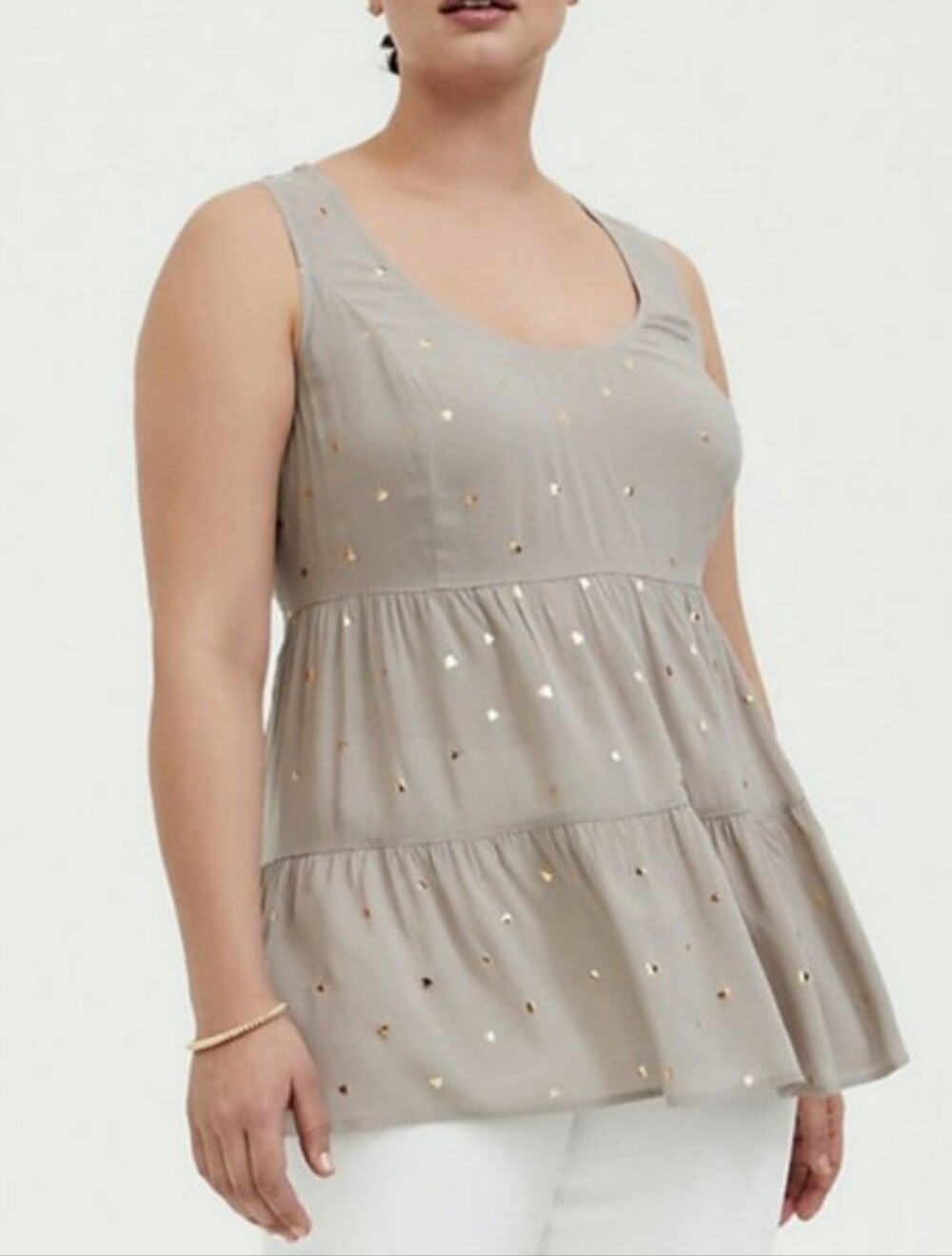Torrid Size 0 Sleeveless Tiered Tank Top with Metallic Gold Dot Accents - Taupe